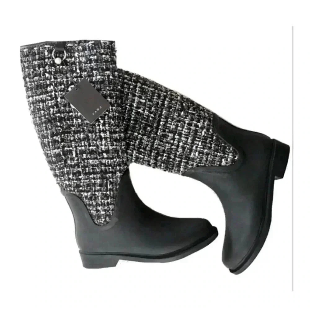 NEW NWT Woman ZARA Black White Tweed Rubber Knee High Rain Boots Sz 42 11